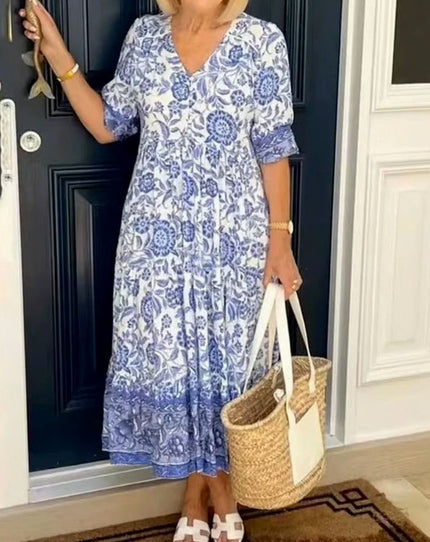 Women's Floral V-Neck Short Sleeve Maxi Summer Dress