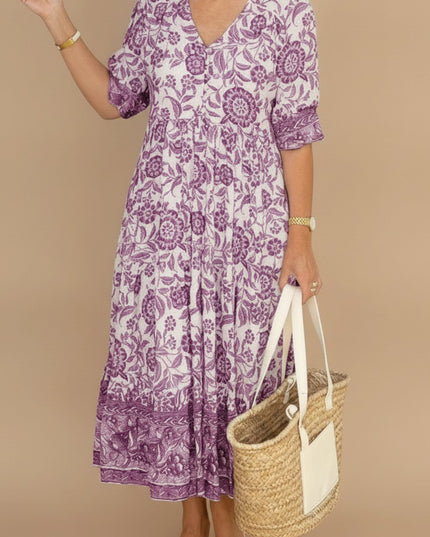 Women's Floral V-Neck Short Sleeve Maxi Summer Dress