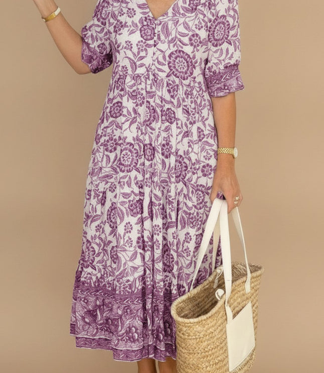 Women's Floral V-Neck Short Sleeve Maxi Summer Dress