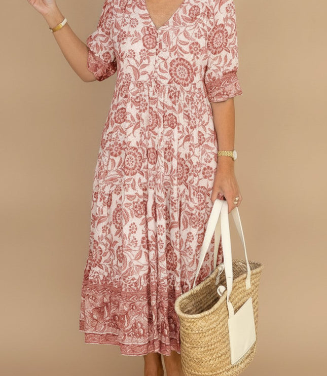 Women's Floral V-Neck Short Sleeve Maxi Summer Dress
