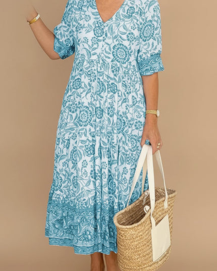 Women's Floral V-Neck Short Sleeve Maxi Summer Dress