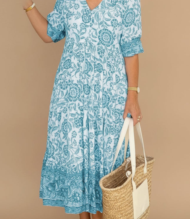 Women's Floral V-Neck Short Sleeve Maxi Summer Dress