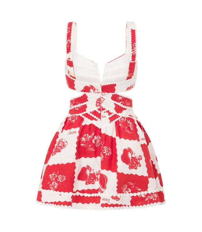 Front studio view of a red and white floral mini dress with structured bodice and full skirt