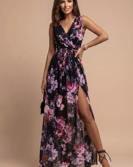 Women's Floral V-Neck Side Split Summer Maxi Dress