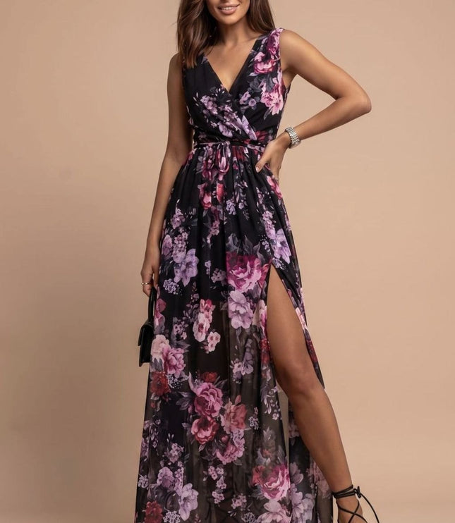 Women's Floral V-Neck Side Split Summer Maxi Dress