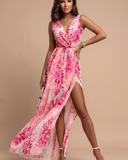 Women's Floral V-Neck Side Split Summer Maxi Dress