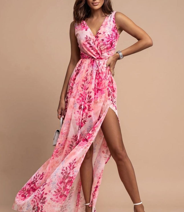 Women's Floral V-Neck Side Split Summer Maxi Dress