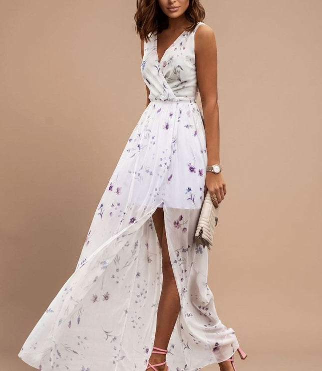 Women's Floral V-Neck Side Split Summer Maxi Dress