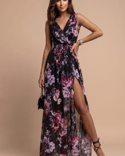 Women's Floral V-Neck Side Split Summer Maxi Dress