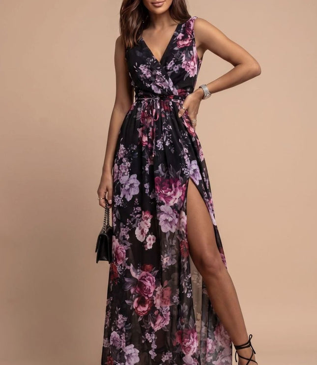 Women's Floral V-Neck Side Split Summer Maxi Dress