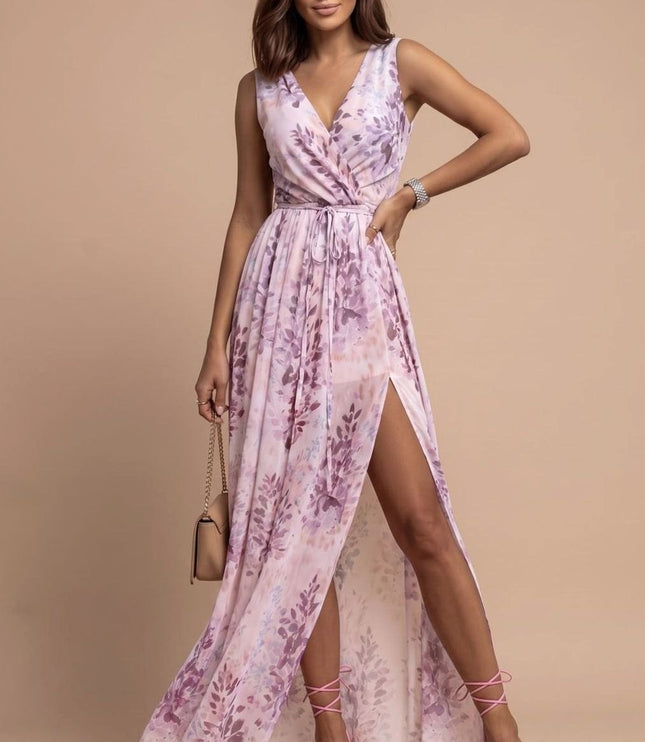 Women's Floral V-Neck Side Split Summer Maxi Dress