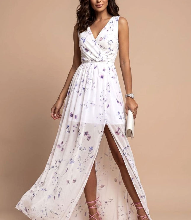 Women's Floral V-Neck Side Split Summer Maxi Dress