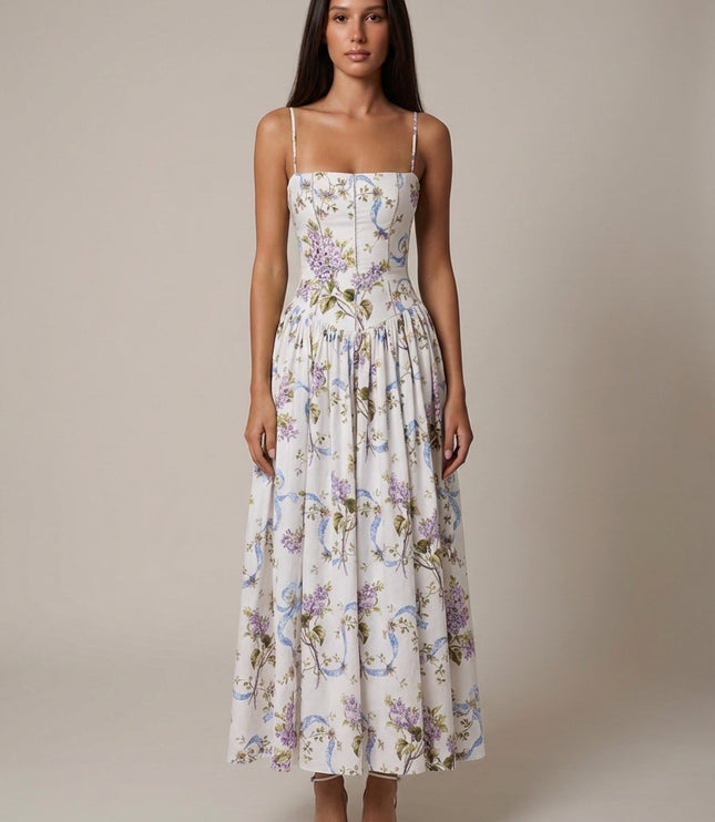 Women's Floral V-Neck Summer Wedding Guest Midi Dress