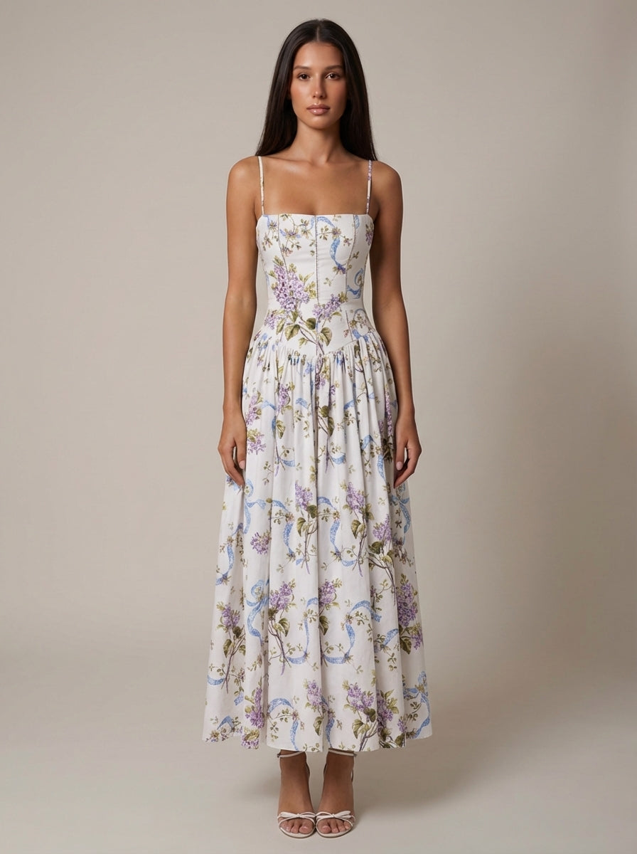 Women's Floral V-Neck Summer Wedding Guest Midi Dress