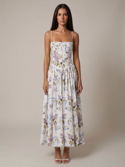 Women's Floral V-Neck Summer Wedding Guest Midi Dress