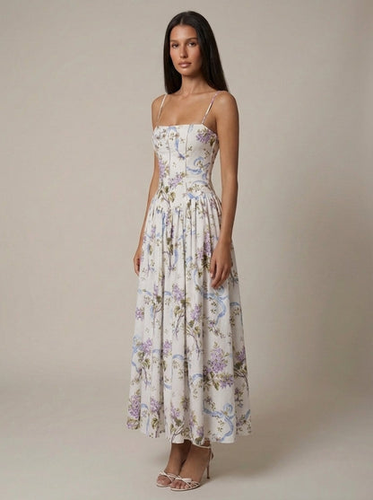 Women's Floral V-Neck Summer Wedding Guest Midi Dress