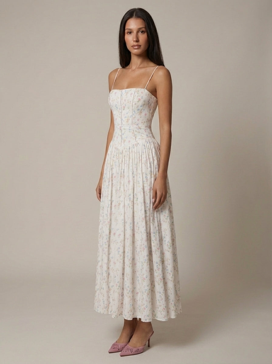 Women's Floral V-Neck Summer Wedding Guest Midi Dress - Floral Print / L - Fashion