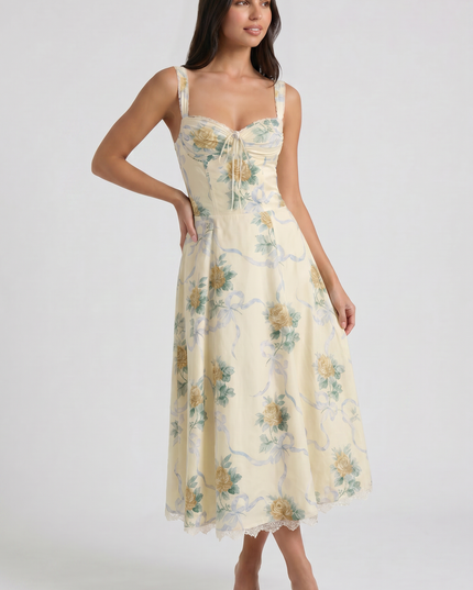 Women's Floral V-Neck Summer Wedding Guest Midi Dress