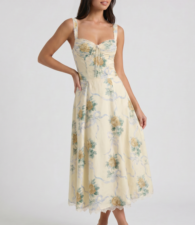 Women's Floral V-Neck Summer Wedding Guest Midi Dress