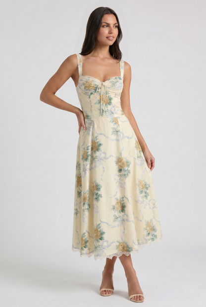 Women's Floral V-Neck Summer Wedding Guest Midi Dress