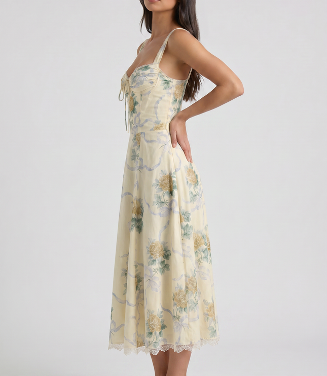 Women's Floral V-Neck Summer Wedding Guest Midi Dress
