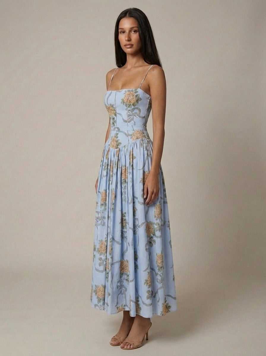 Women's Floral V-Neck Summer Wedding Guest Midi Dress