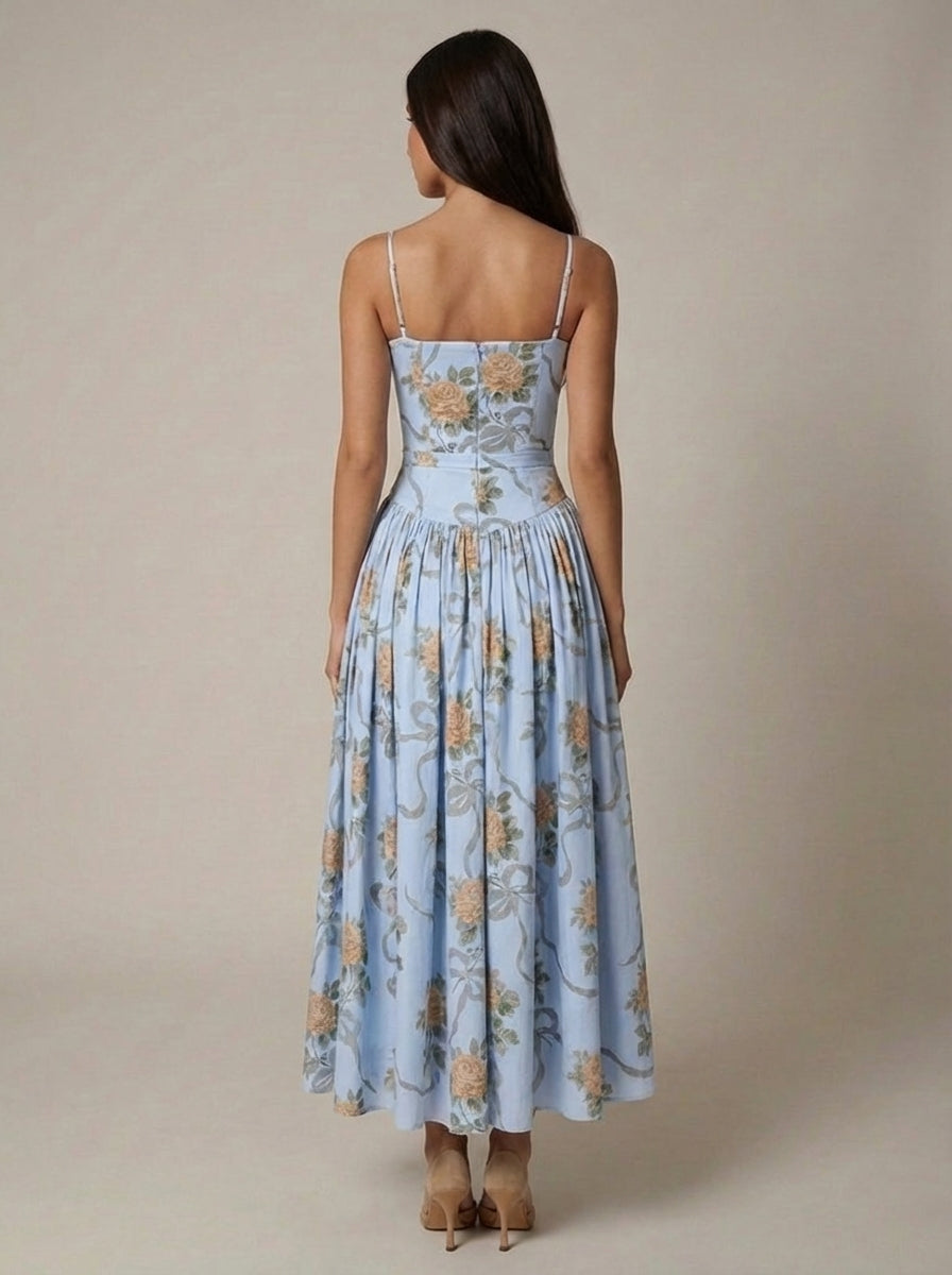 Women's Floral V-Neck Summer Wedding Guest Midi Dress
