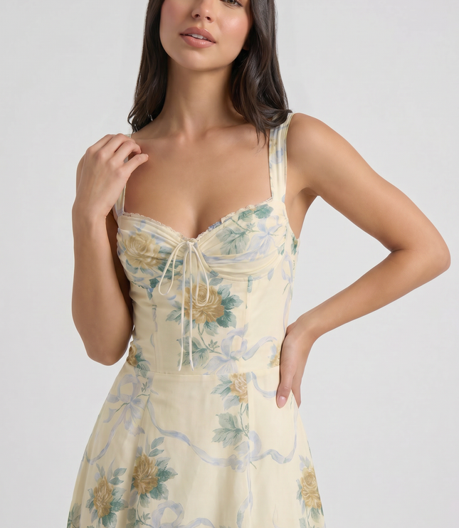 Women's Floral V-Neck Summer Wedding Guest Midi Dress