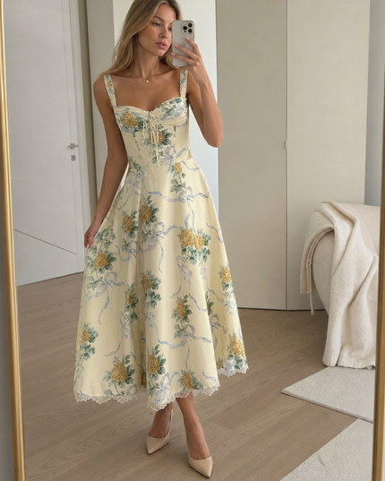 Women's Floral V-Neck Summer Wedding Guest Midi Dress