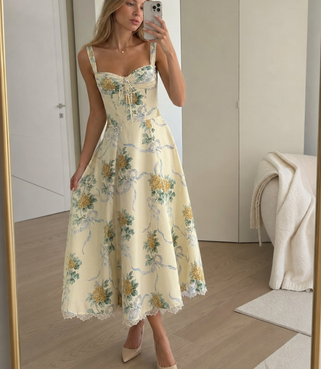 Women's Floral V-Neck Summer Wedding Guest Midi Dress