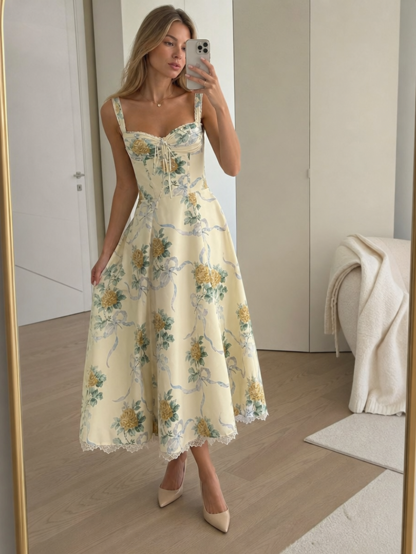 Women's Floral V-Neck Summer Wedding Guest Midi Dress