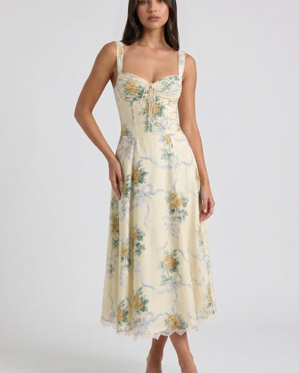Women's Floral V-Neck Summer Wedding Guest Midi Dress