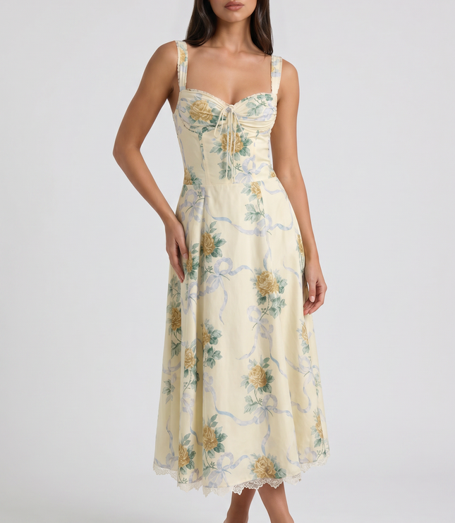 Women's Floral V-Neck Summer Wedding Guest Midi Dress