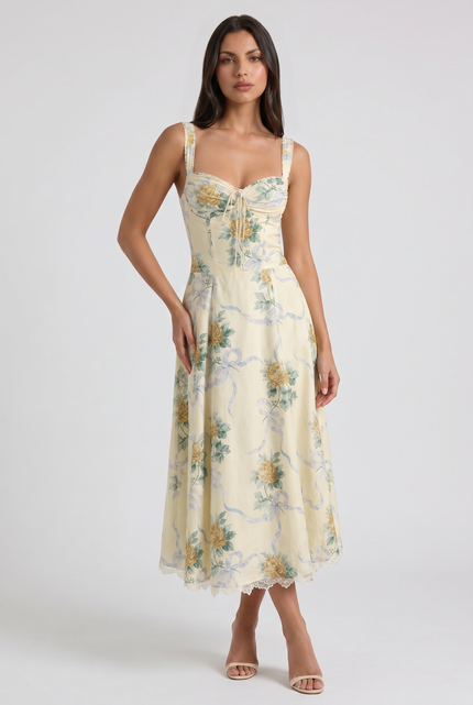 Women's Floral V-Neck Summer Wedding Guest Midi Dress
