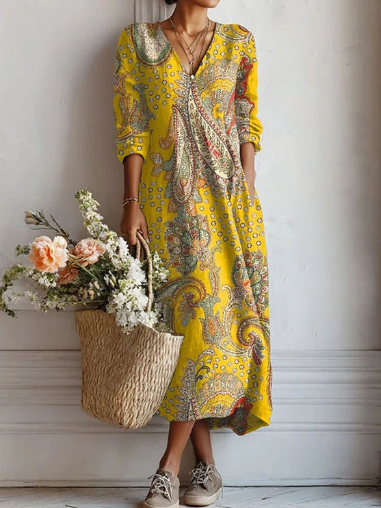 Yellow paisley floral V neck midi dress with 3/4 sleeves, casual summer dress front view