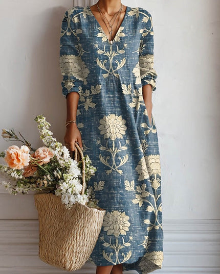 Blue floral V neck midi dress with cream botanical print and 3/4 sleeves, summer dress