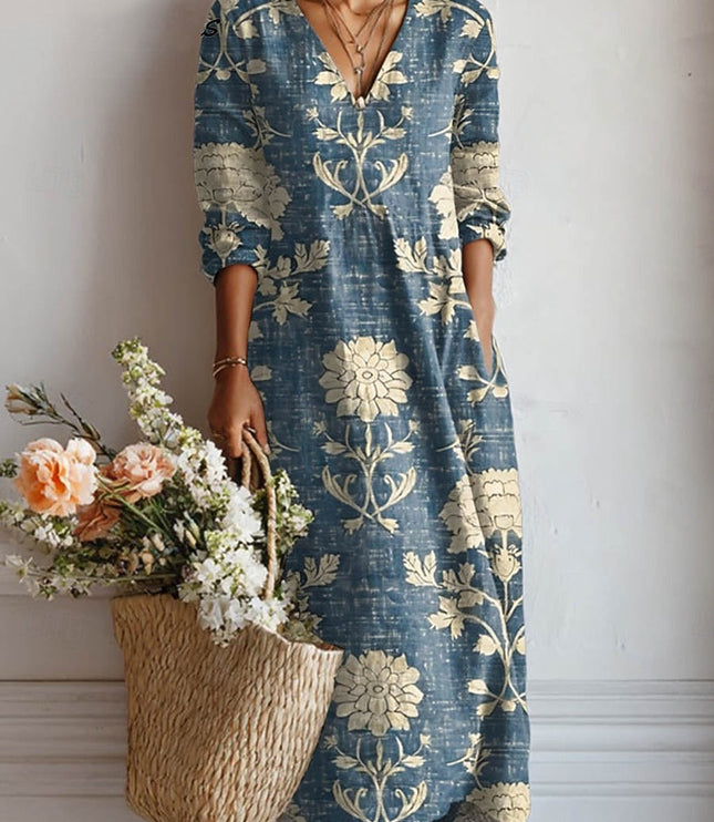 Blue floral V neck midi dress with cream botanical print and 3/4 sleeves, summer dress