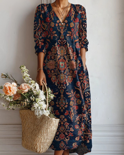 Navy floral V neck midi dress with red and tan vintage print, 3/4 sleeves summer dress