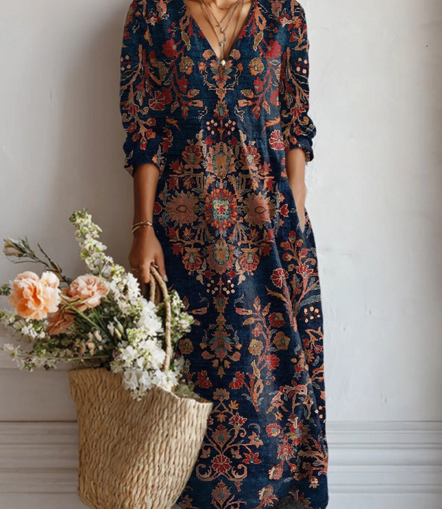 Navy floral V neck midi dress with red and tan vintage print, 3/4 sleeves summer dress