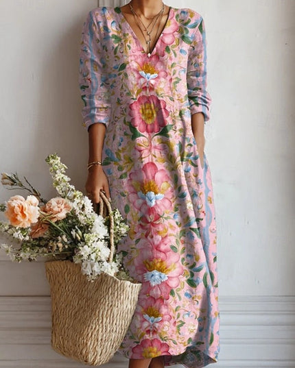 Pink floral V neck midi dress with large flower print and 3/4 sleeves, breezy summer dress