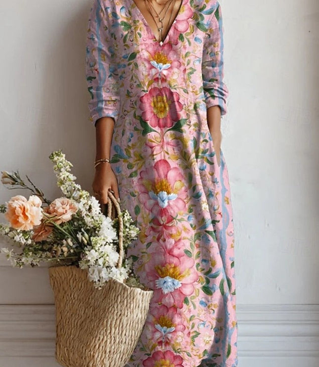 Pink floral V neck midi dress with large flower print and 3/4 sleeves, breezy summer dress