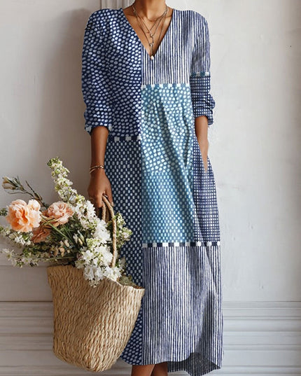 Blue patchwork V neck midi dress with mixed stripe and dot panels, 3/4 sleeves summer dress