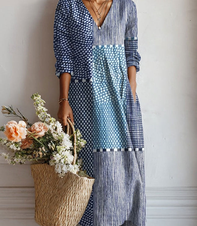 Blue patchwork V neck midi dress with mixed stripe and dot panels, 3/4 sleeves summer dress