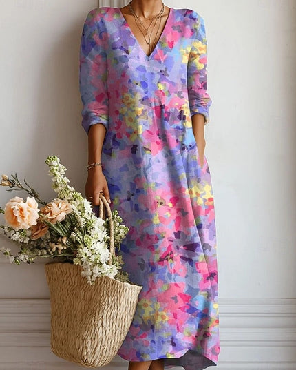Purple watercolor floral V neck midi dress with 3/4 sleeves, relaxed summer dress fit