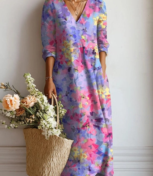 Purple watercolor floral V neck midi dress with 3/4 sleeves, relaxed summer dress fit