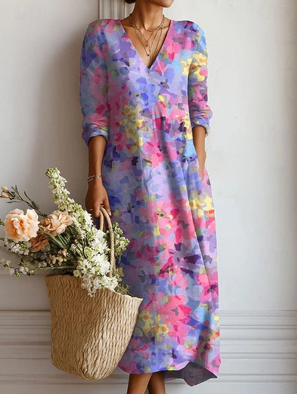 Purple watercolor floral V neck midi dress with 3/4 sleeves, relaxed summer dress fit