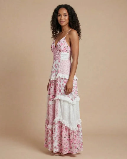 Pink floral maxi dress with v-neck, white ruched waistband and tiered ruffled skirt