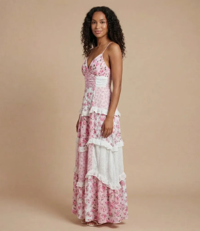 Pink floral maxi dress with v-neck, white ruched waistband and tiered ruffled skirt