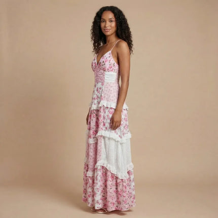 Pink floral maxi dress with v-neck, white ruched waistband and tiered ruffled skirt