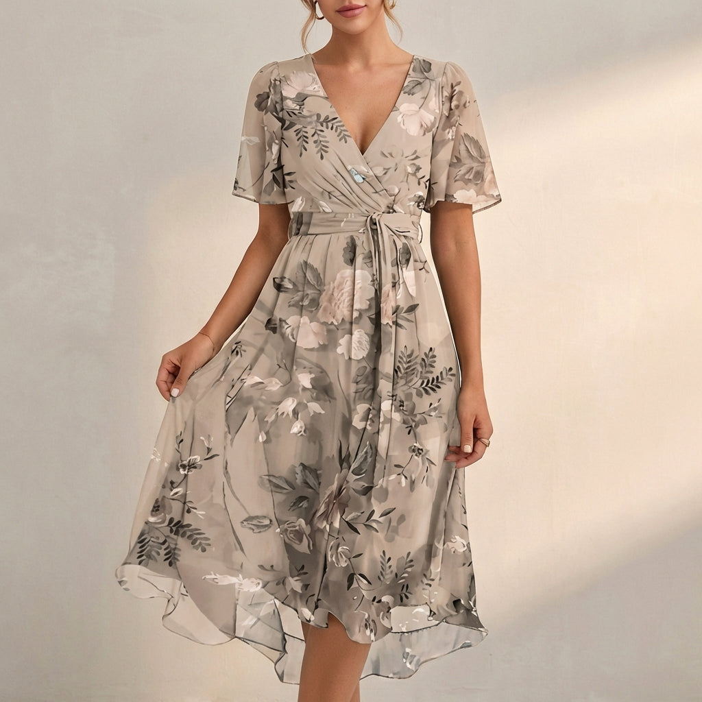 Beige floral V neck mini dress with tie waist and sheer flutter sleeves